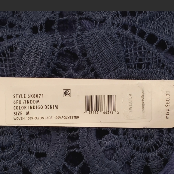 August Silk Top Vest Blue Tiered Crochet-Contrast Vest Open Front - Picture 8 of 8